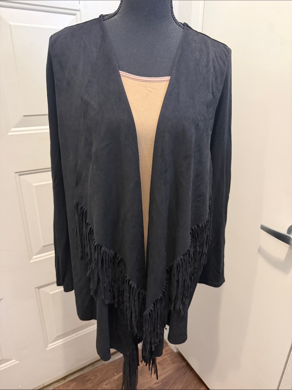 Black Fringe Open-Front Women's Draped Cardigan
